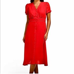 Nanette Lepore Elegant Red A-Line Lattice Trim Empire Waist Midi Dress